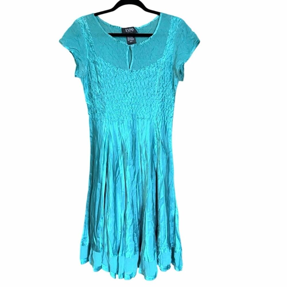 Expo New York teal green crinkle satin dress large keyhole neck fairy ren fair